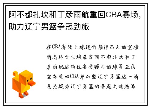 阿不都扎坎和丁彦雨航重回CBA赛场，助力辽宁男篮争冠劲旅