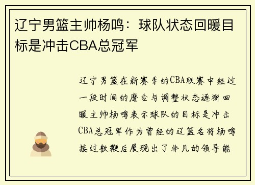 辽宁男篮主帅杨鸣：球队状态回暖目标是冲击CBA总冠军