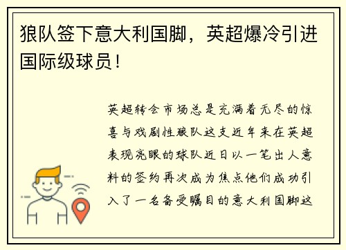 狼队签下意大利国脚，英超爆冷引进国际级球员！