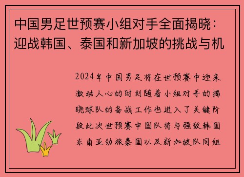 中国男足世预赛小组对手全面揭晓：迎战韩国、泰国和新加坡的挑战与机遇