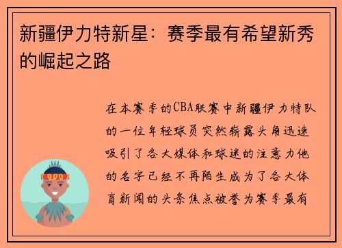 新疆伊力特新星：赛季最有希望新秀的崛起之路