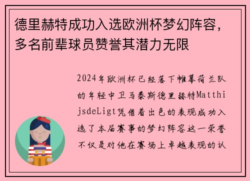德里赫特成功入选欧洲杯梦幻阵容，多名前辈球员赞誉其潜力无限